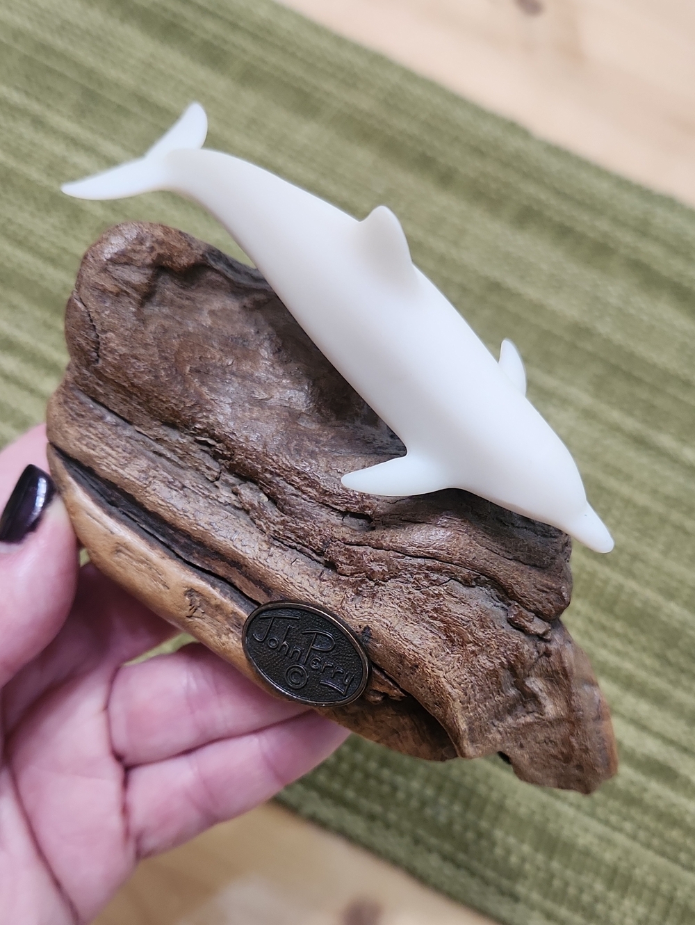 John Perry Dolphin Burlwood Sculpture Signed Beach Ocean Sealife
